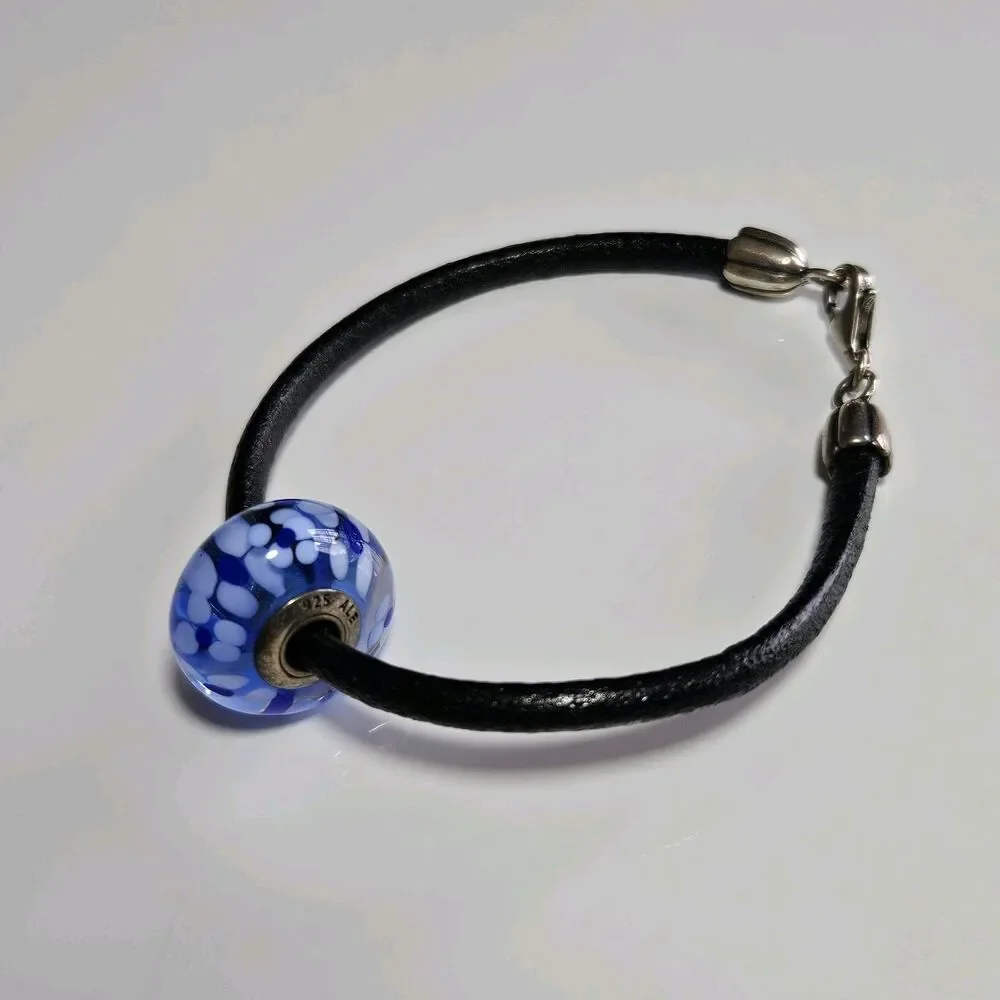Pandora Black Cord Bracelet W/ Large Blue Flowered Murano Glass Bead 6.75